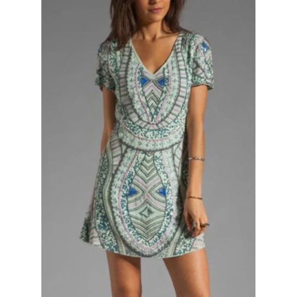 Antik Batik Mint Green Beaded Sequin Mini Dress V-Neck Boho Short Sleeve - Picture 1 of 12